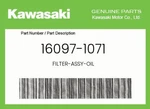 Kawasaki Genuine Filter-assy-oil 16097-1071 New. Price: $15.40.